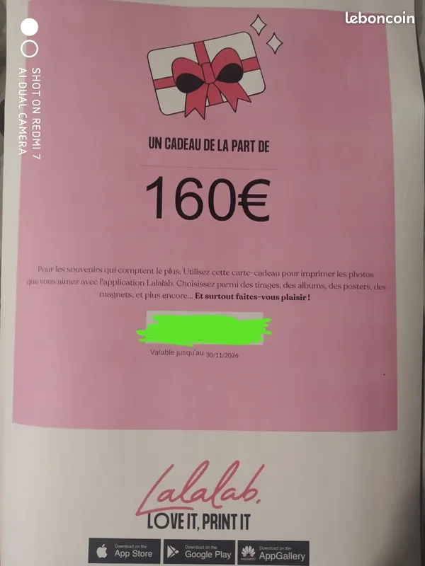 Carte cadeau Lalalab d'une valeur de 160